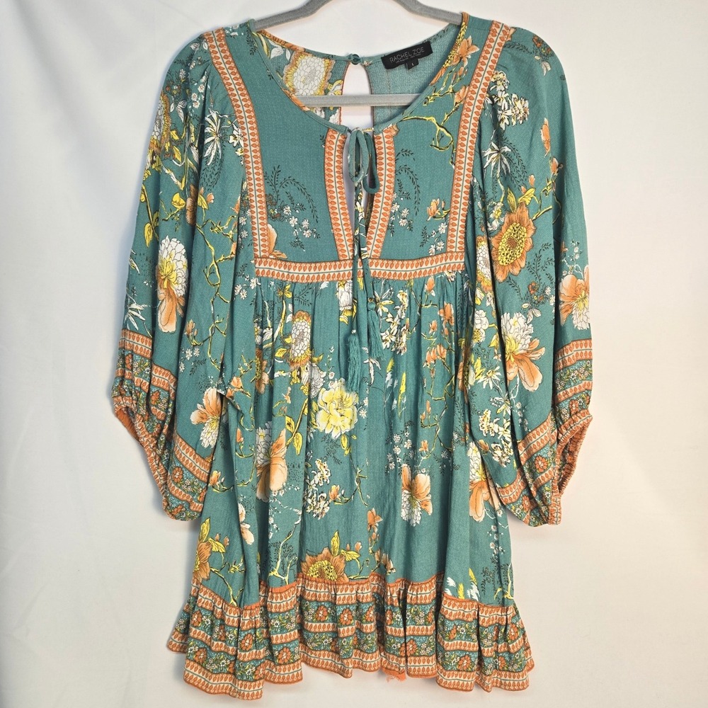 Rachel Zoe Floral Boho Peasant Blouse Keyhole Tassel Tie Neck Ruffled Hem Large